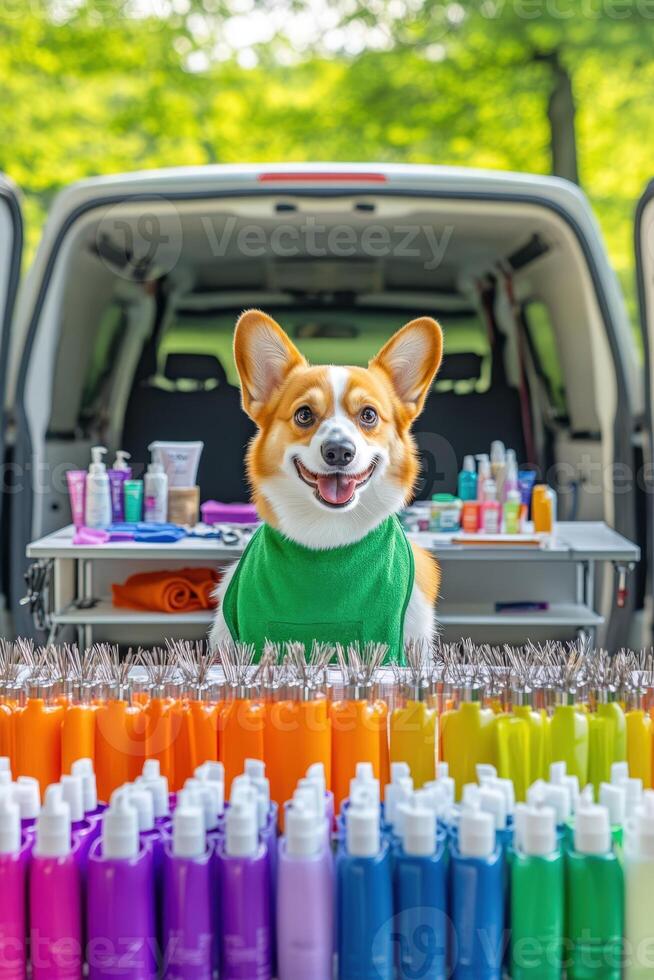 A dog in a green shirt standing in front of a van full of colorful bottles photo