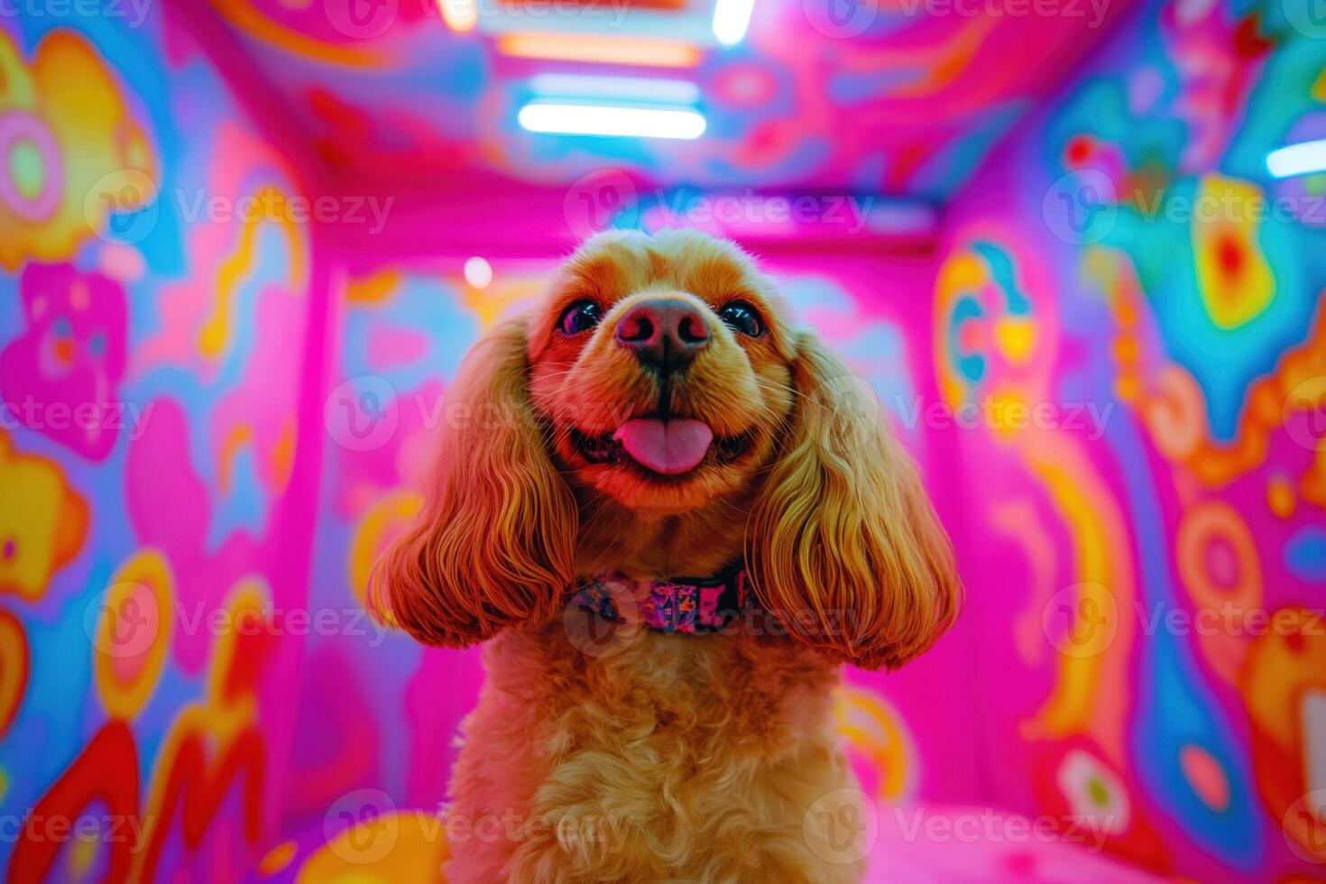 A dog is standing in a room with colorful walls photo