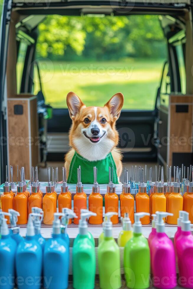 A corgi dog in a van with a variety of bottles photo