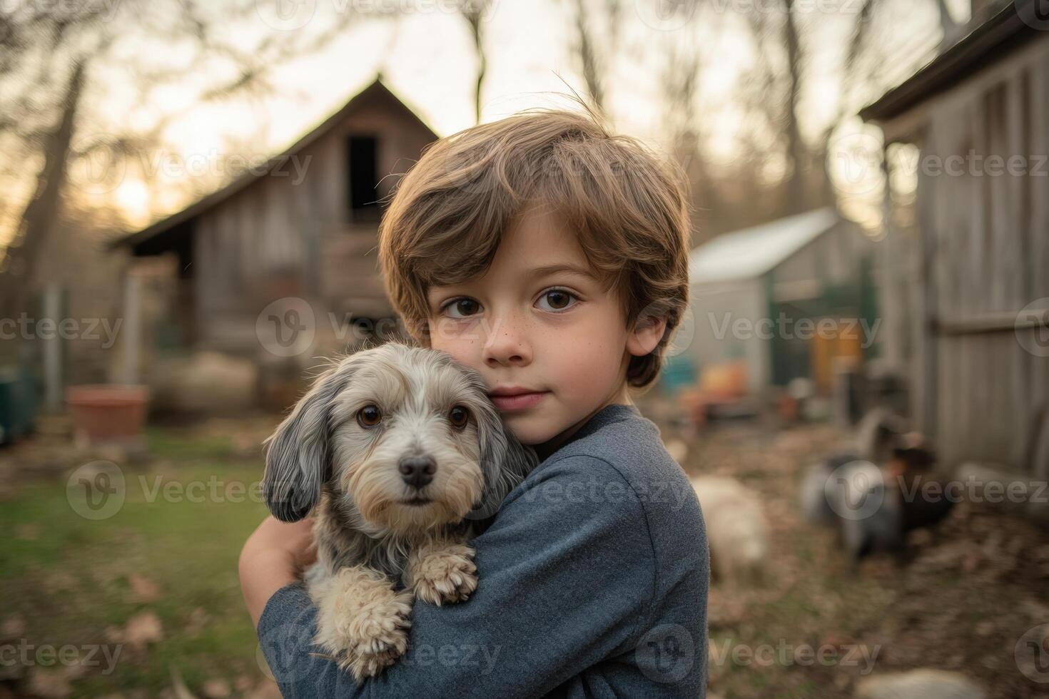 A young boy holding a dog in front of a barn photo