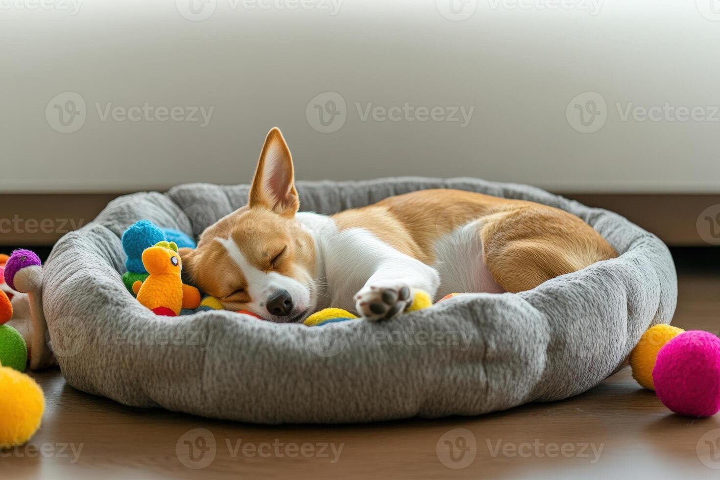 A dog sleeping in a bed with toys photo