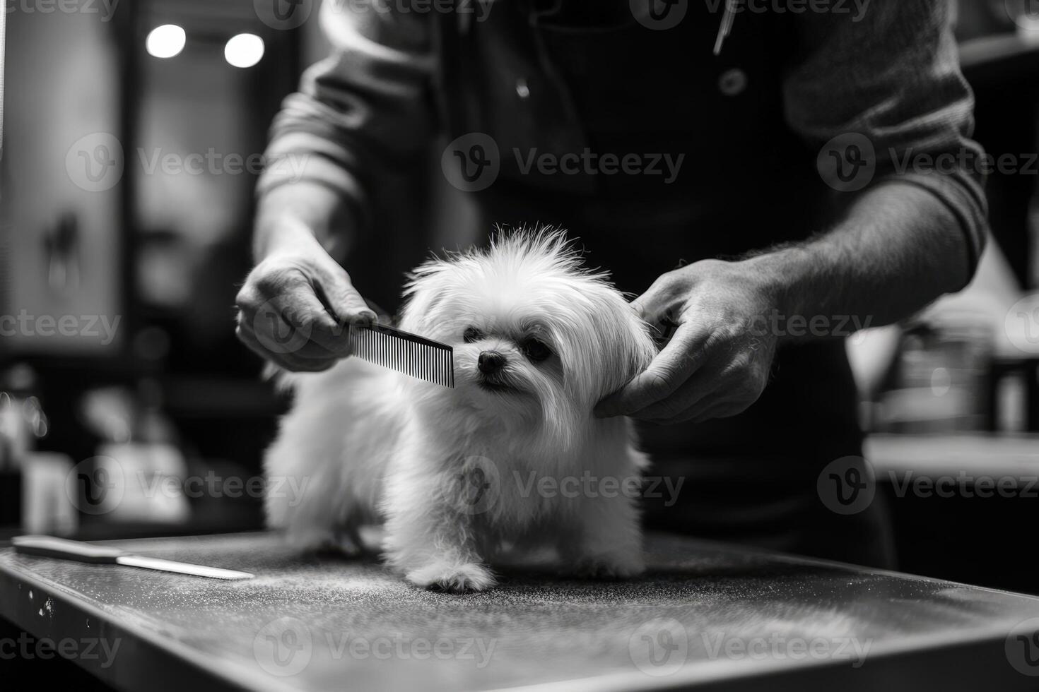 A man cutting a small dog's hair photo