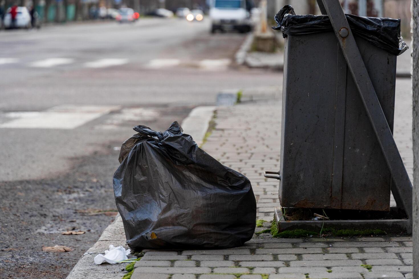 Two black trash bags rest beside a metallic garbage container along a city sidewalk, emphasizing the ongoing issues with urban waste disposal and environmental conservation efforts photo