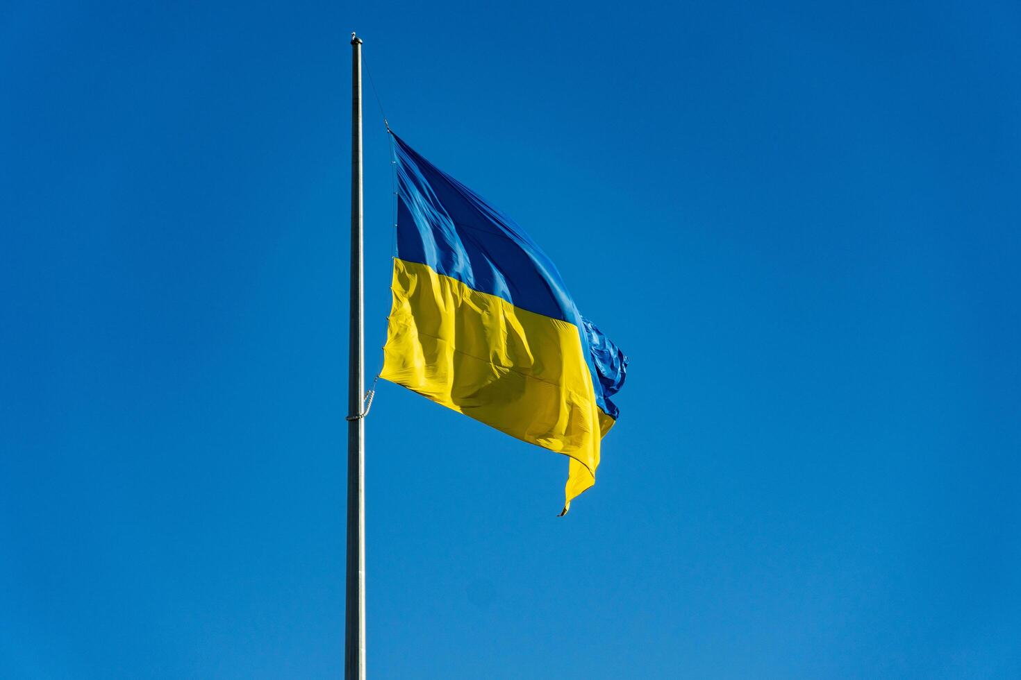 The Ukrainian flag, with its iconic blue and yellow colors, flies high against a vibrant blue sky, representing national pride, patriotism, and a commitment to freedom and democracy photo