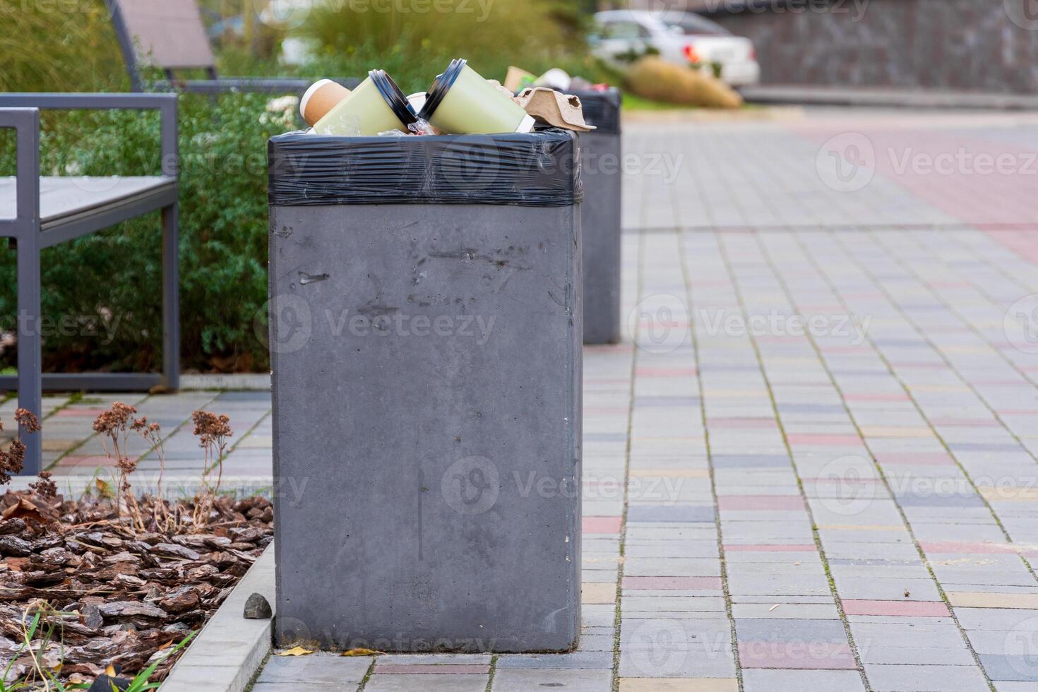 Various garbage containers are overflowing with trash bags, positioned along a clean urban walkway. The scene highlights the importance of proper waste disposal and recycling practices photo