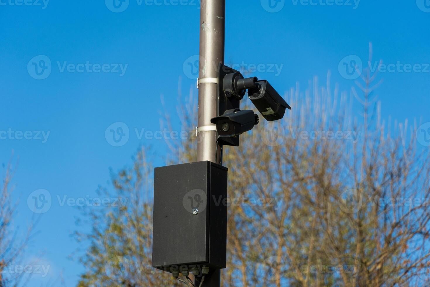 CCTV cameras are securely mounted on metal poles, actively monitoring the surroundings in an outdoor area surrounded by trees, during clear blue sky daylight conditions photo