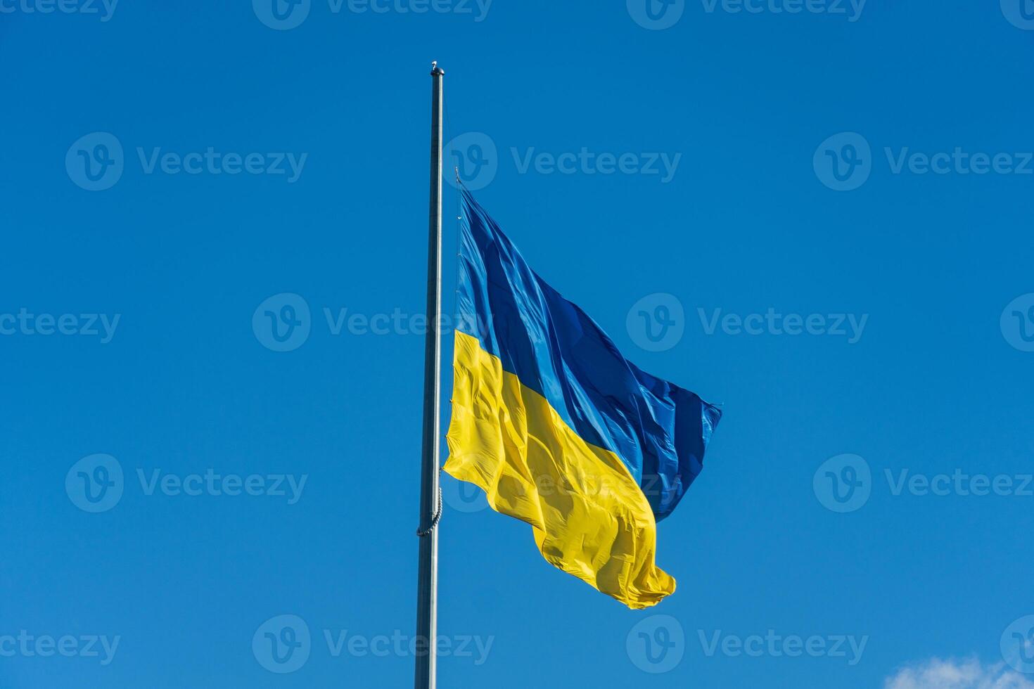 The vibrant blue and yellow colors of the Ukrainian flag flutter against a pristine blue sky photo