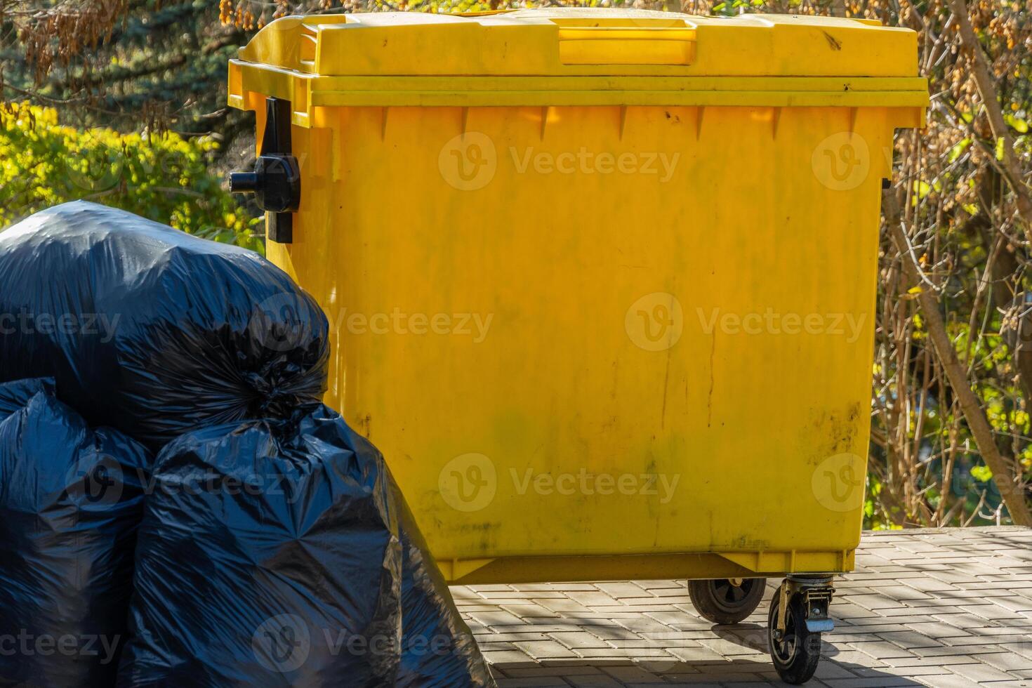 Black garbage bags are piled up beside a vibrant yellow dumpster in a clean, well-maintained area. The sunlight creates a bright atmosphere highlighting the contrasting colors photo
