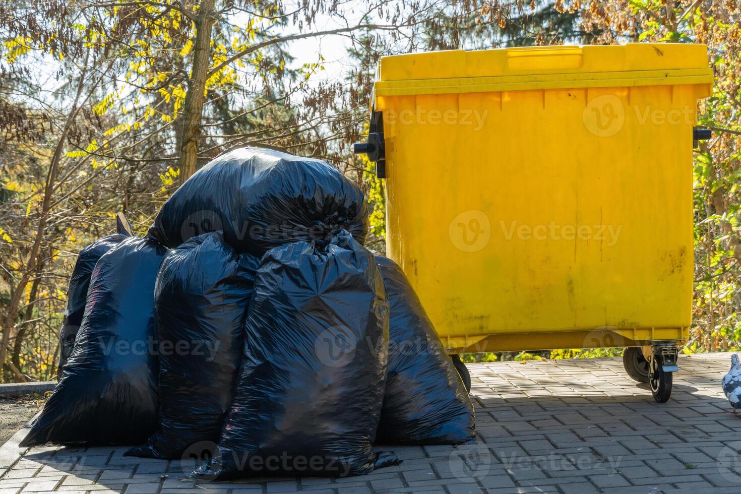 Black garbage bags are stacked near a vibrant yellow dumpster in a natural setting. The scene reflects urban waste disposal efforts amidst greenery, highlighting environmental concerns photo