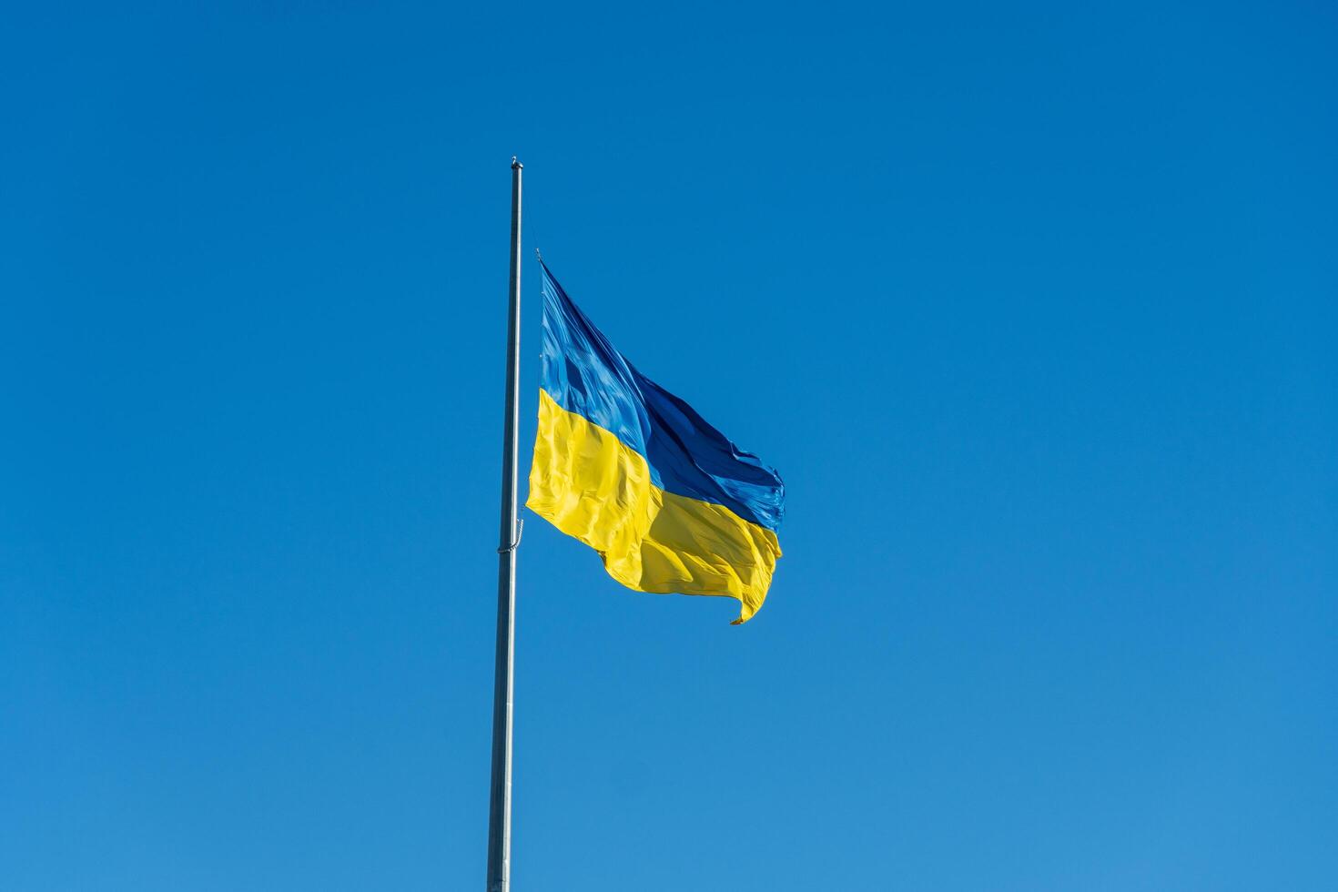 The bright blue and yellow flag of Ukraine flutters gently in the breeze against a backdrop of a clear sky, embodying the spirit and unity of the Ukrainian people on this beautiful day photo
