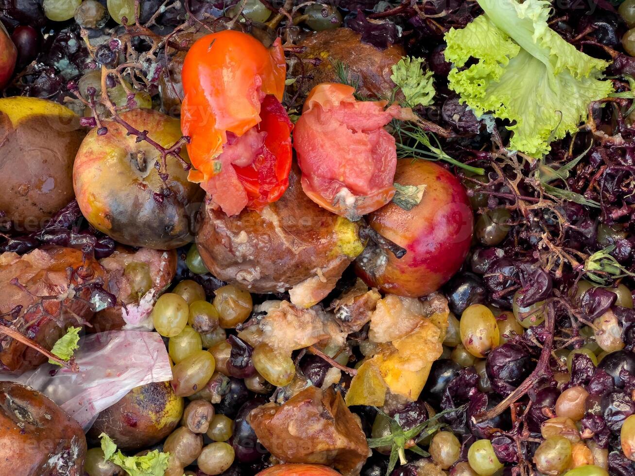 An assortment of overripe and rotting fruits and vegetables lies strewn on the ground, emphasizing nature's process of decay and waste photo