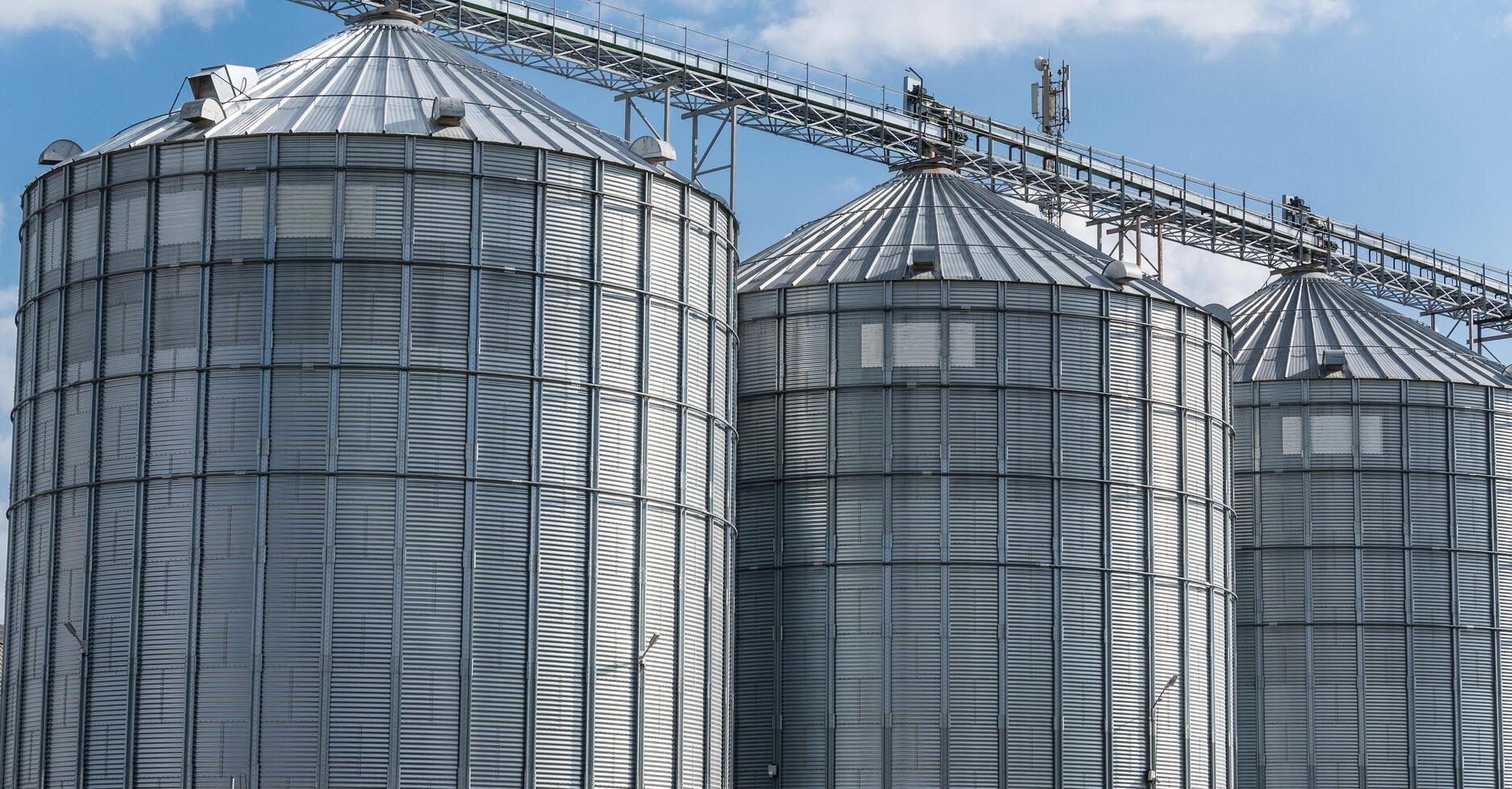 Multiple large silos are visible at an agro-processing plant, showcasing storage facilities for harvested grains. The structure is well-maintained and functional photo
