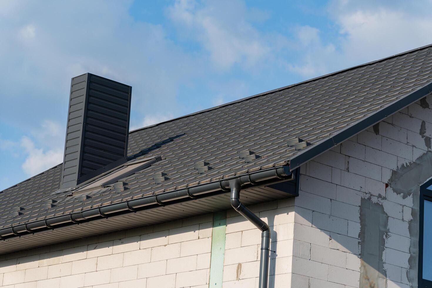 The modern house showcases a newly installed tiled roof, complemented by a sleek chimney structure under bright, sunny skies, enhancing its architectural elegance photo