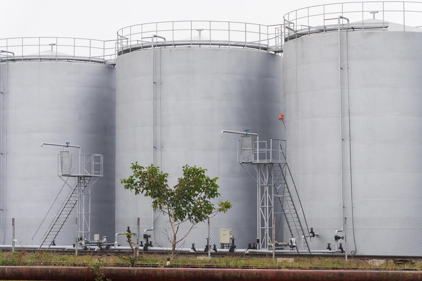 A series of large industrial storage tanks with ladders and piping positioned beside each other, highlighting their significance in manufacturing processes photo
