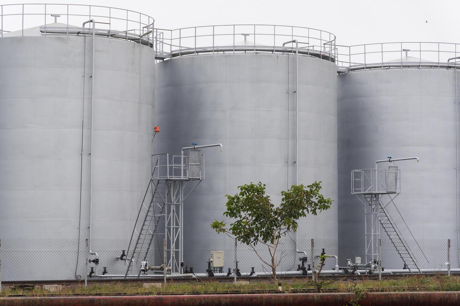 Large gray storage tanks are positioned at a manufacturing site, showcasing industrial equipment and greenery nearby under a clear sky photo