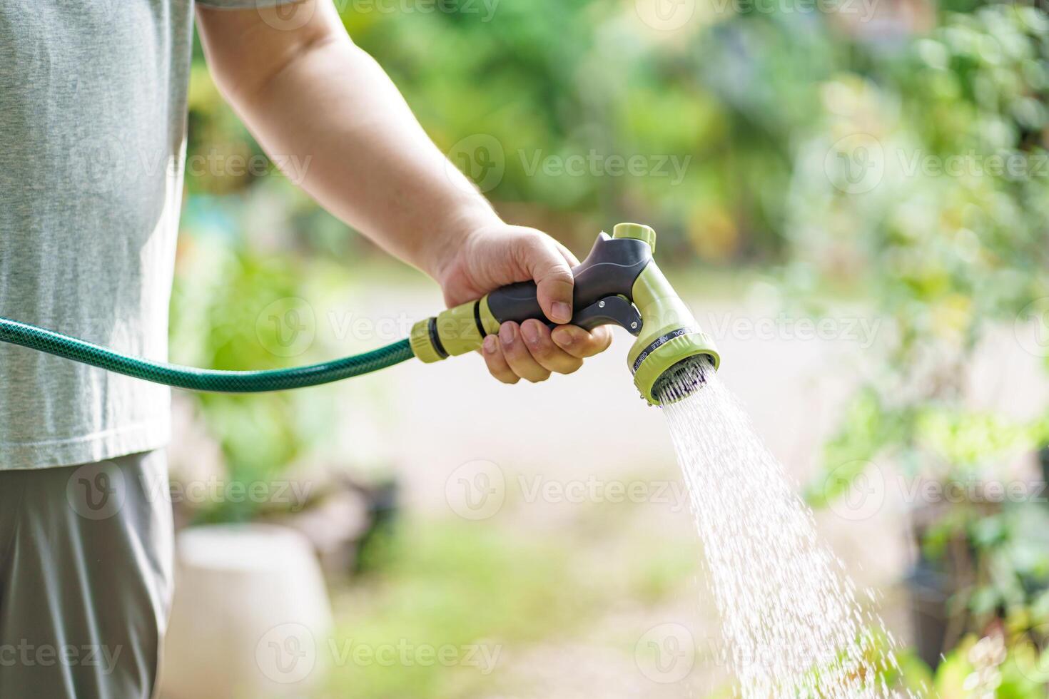 a person is watering plants with a hose photo