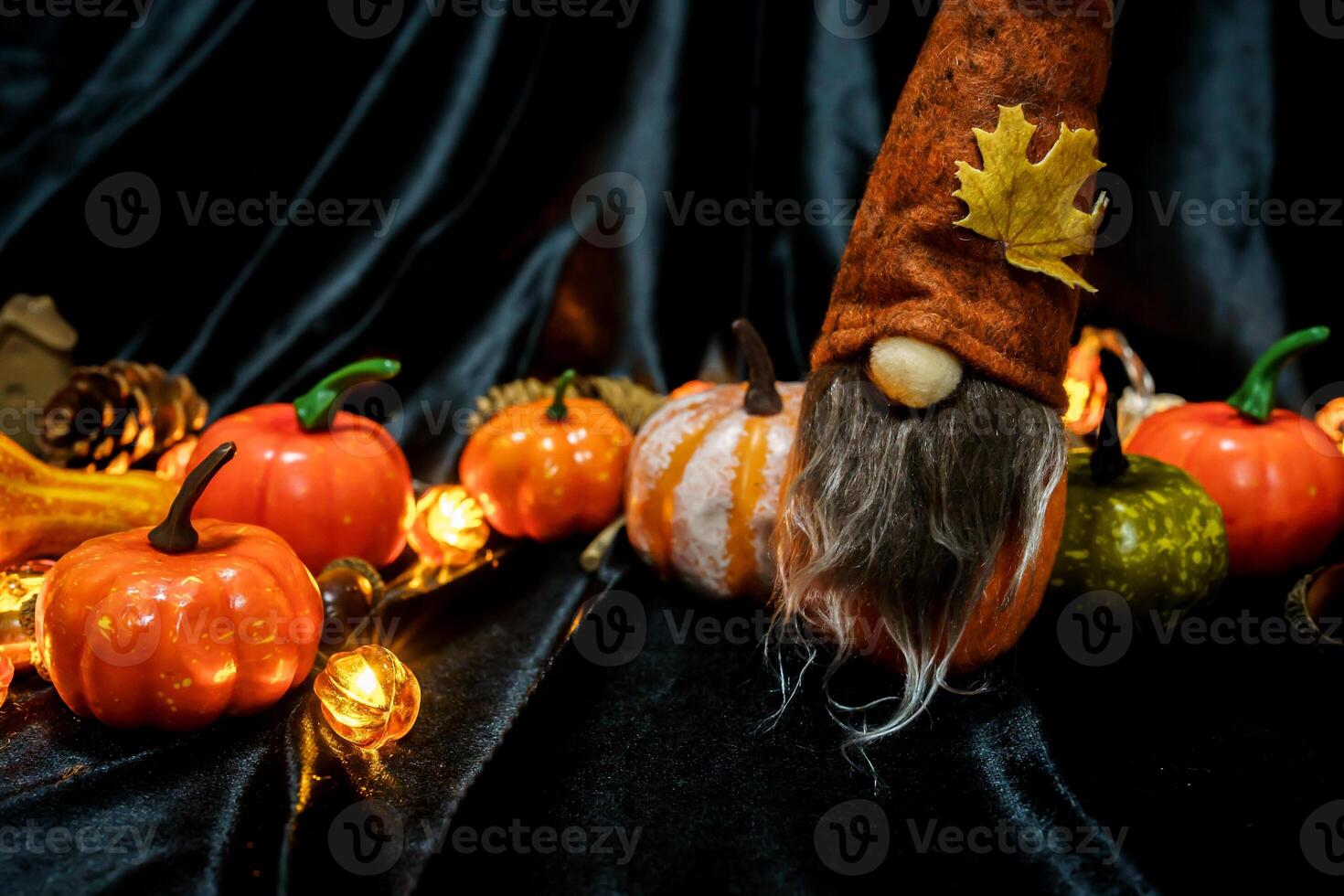 Halloween decorations background. Halloween Scary pumpkin head on wooden table Halloween holiday concept. photo