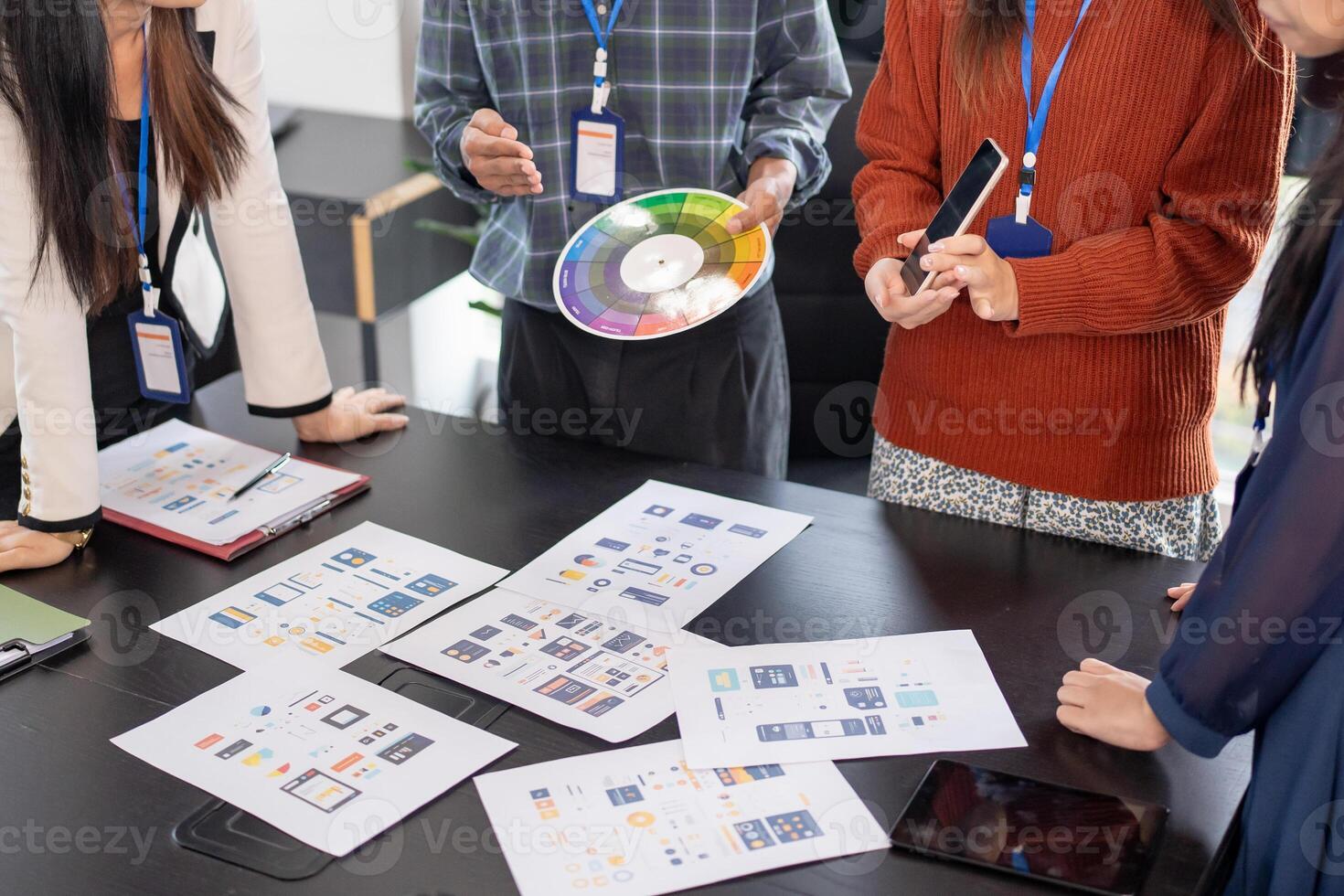 Asian business woman Brainstorm meeting pplication Designers mobile app, interface Creative digital development software design project ux ui. photo