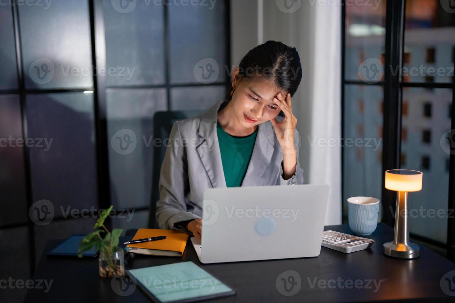 Alone Working Late at Night, a business woman sitting at a desk with a laptop and a notebook photo