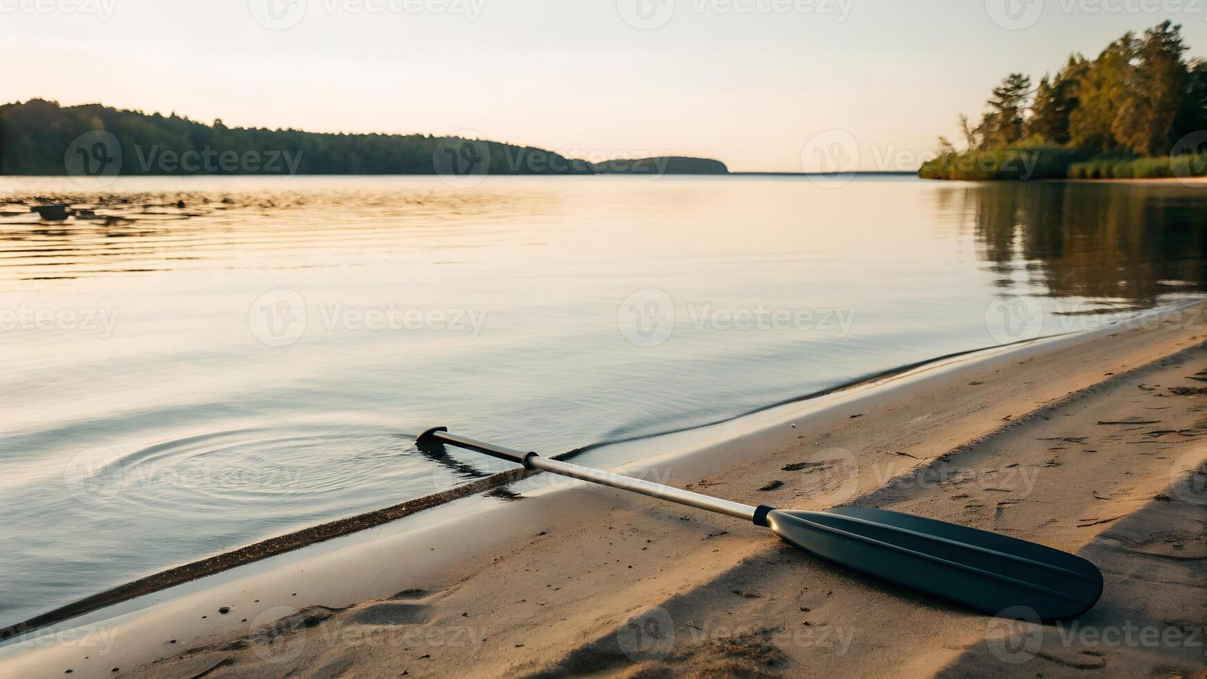 A paddle and oar on the shore of a lake photo