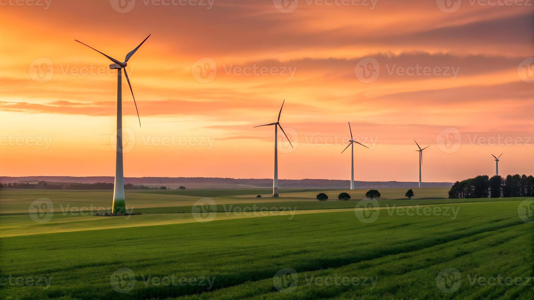Wind turbines in a field at sunset photo