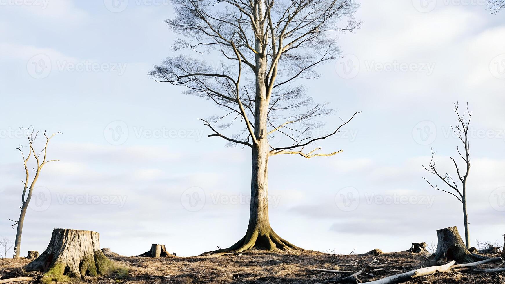 A tree with no leaves standing in a field photo