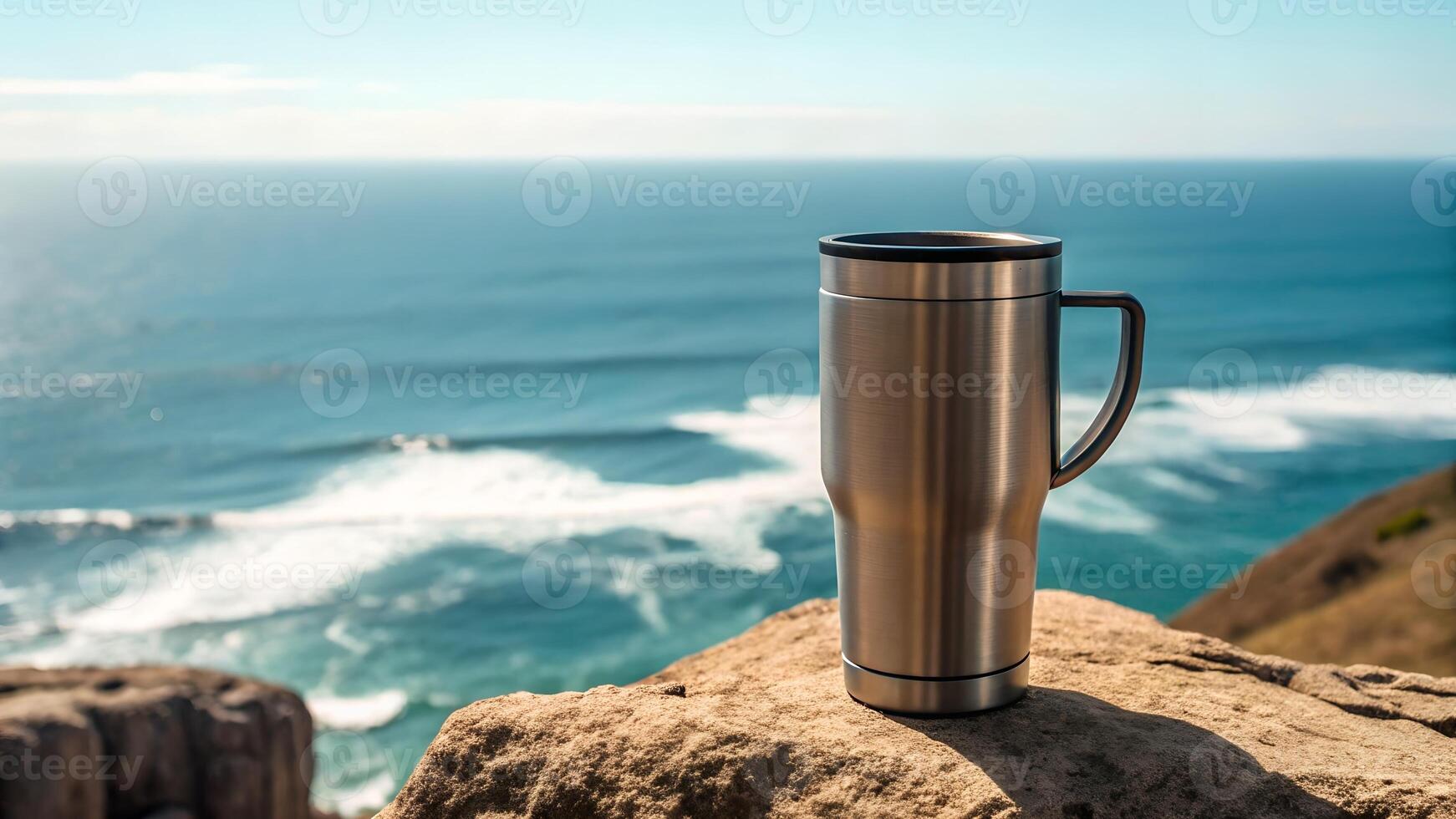 A stainless steel travel mug sitting on a rock overlooking the ocean photo