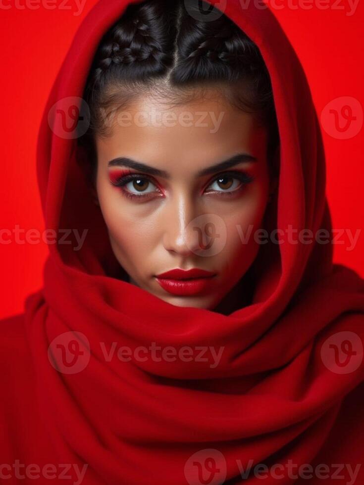 Beautiful woman in red scarf on red background photo