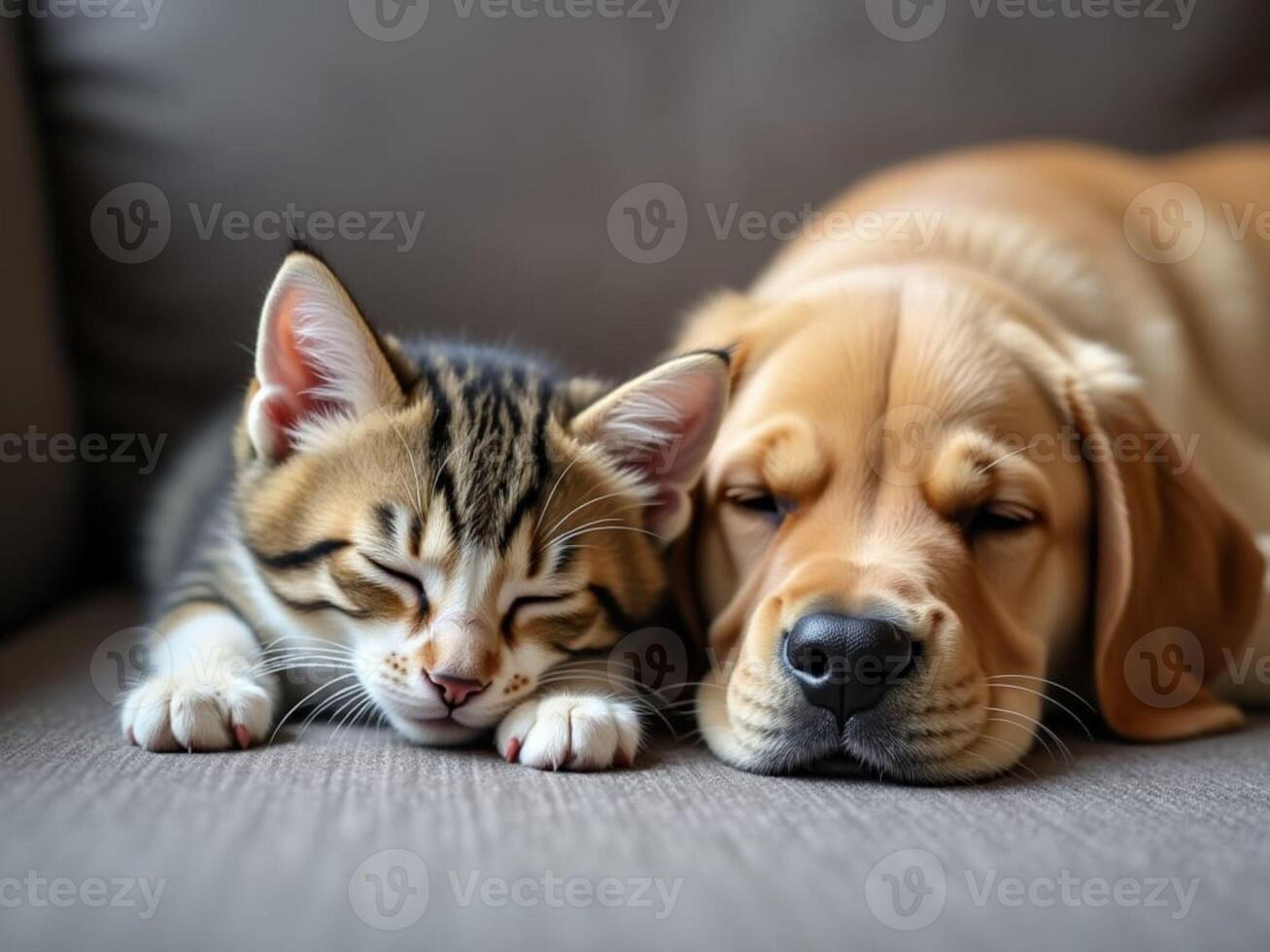 A dog and a kitten are sleeping together photo