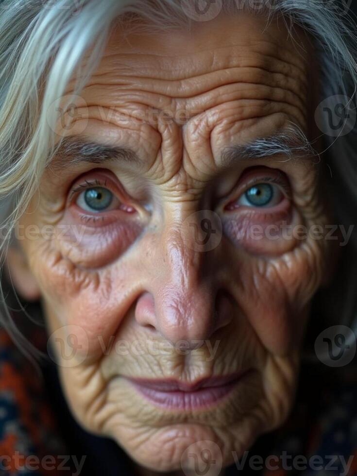 An older woman with wrinkles and blue eyes photo