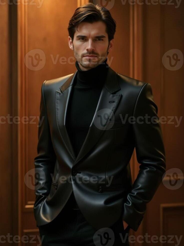 A man in a black suit and turtle neck photo