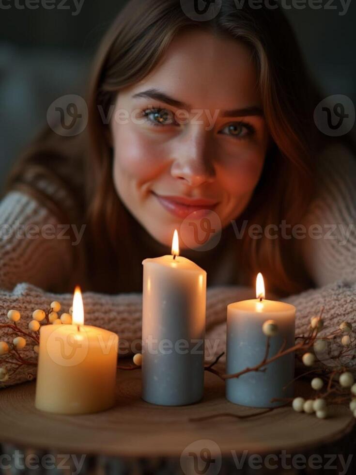 A woman is smiling while holding three candles photo