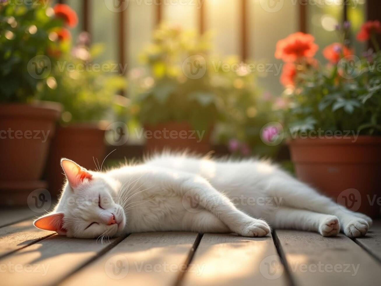 A white cat laying on a wooden deck photo