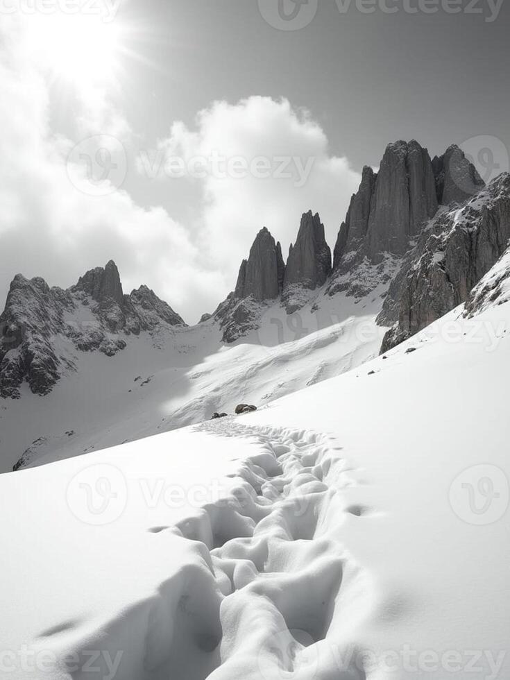 A snow covered mountain with a trail in the middle photo