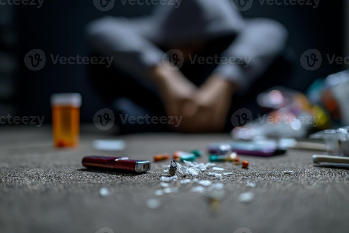 A person sitting on the floor with a bottle of pills and other drugs photo