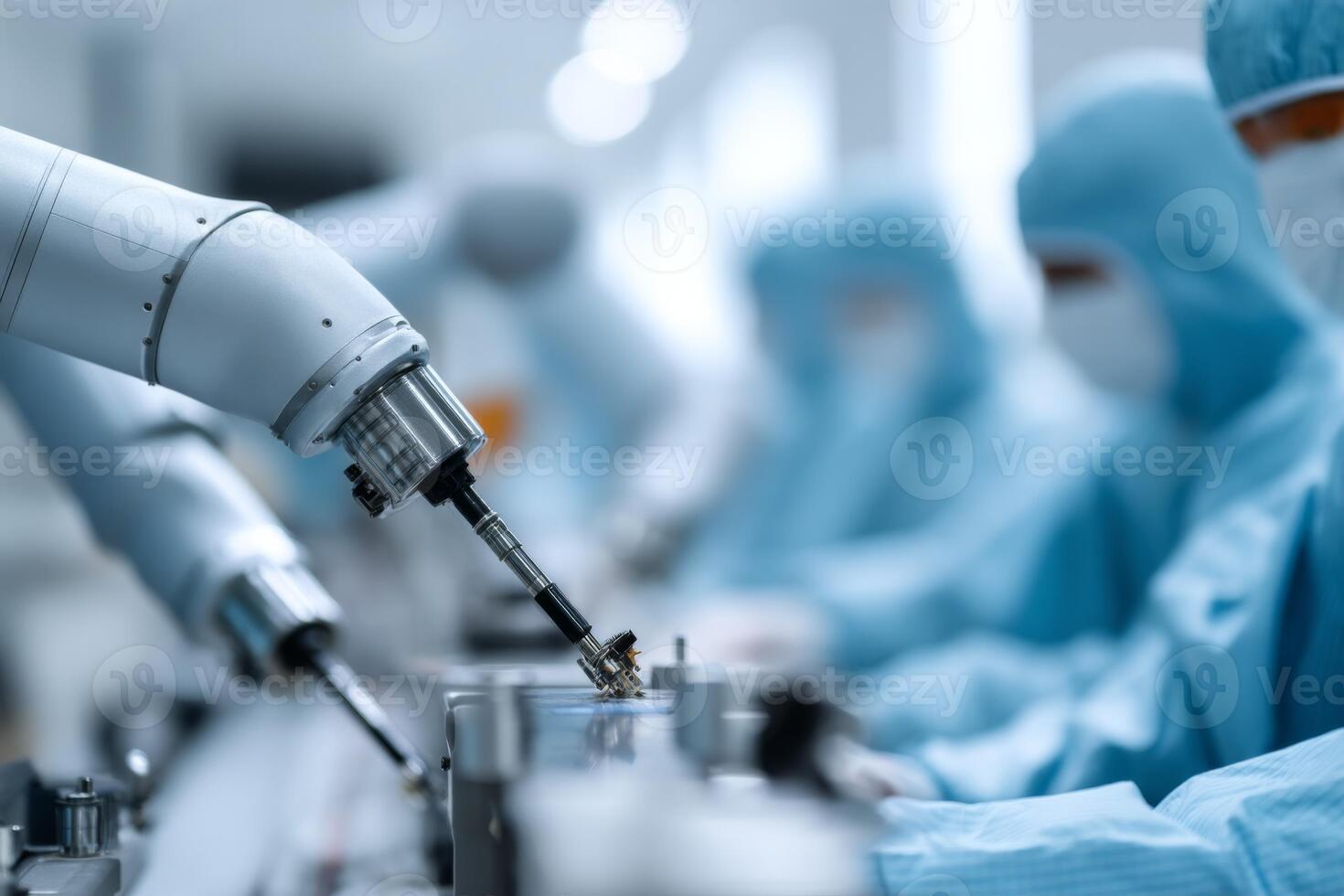 Robots in a factory working on a machine photo