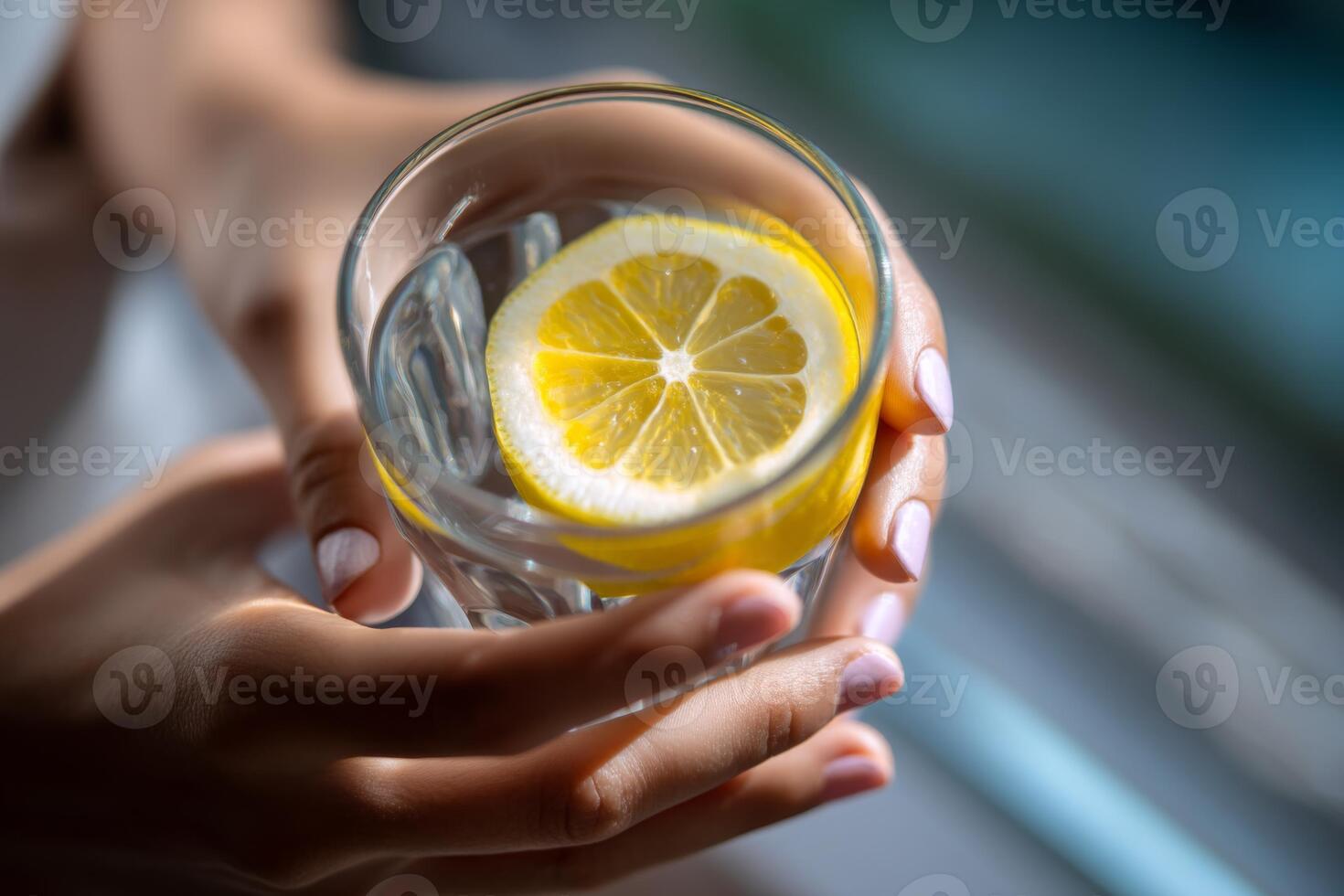 A person holding a glass of water with a lemon slice photo