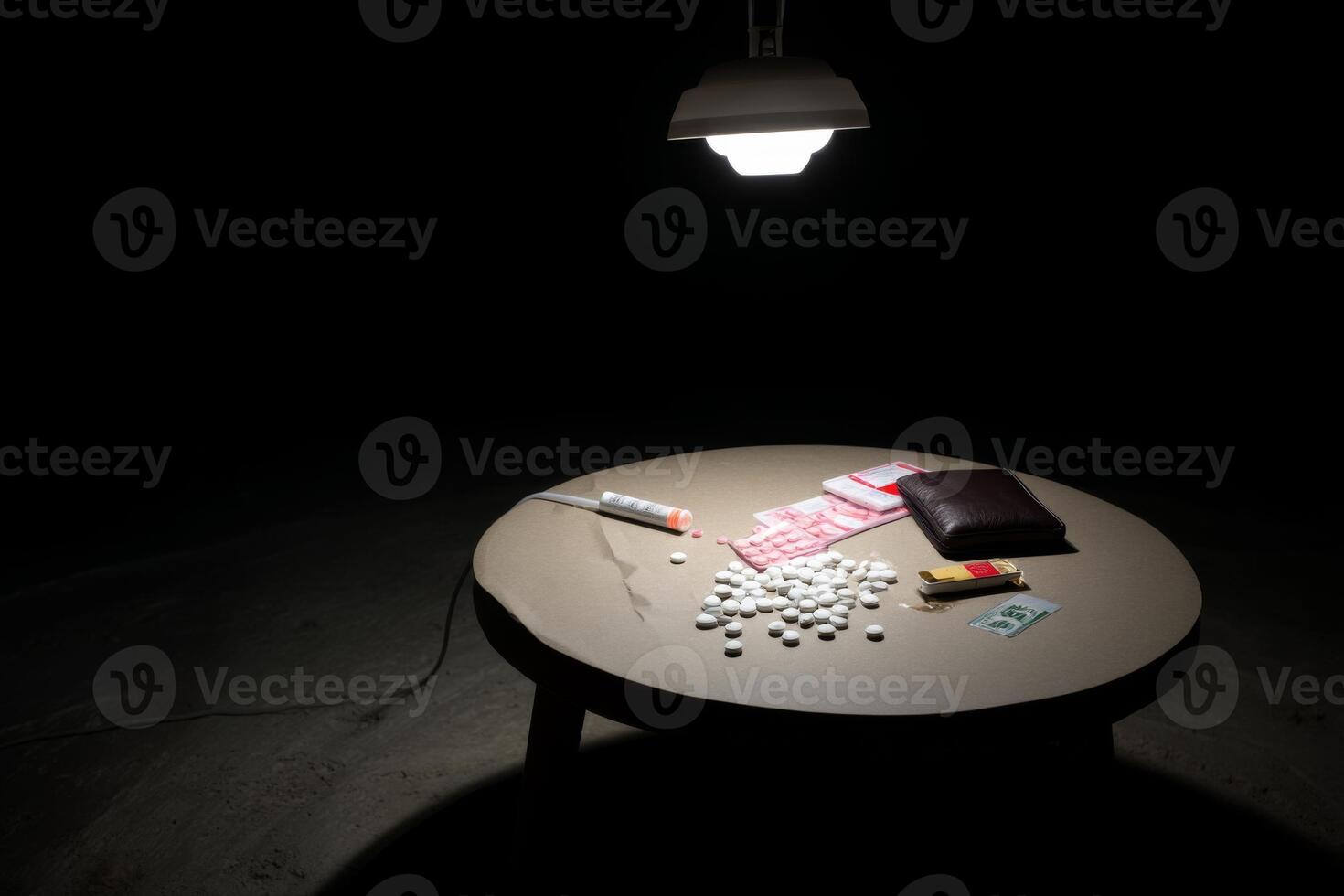 A table with pills, a lighter and a wallet photo