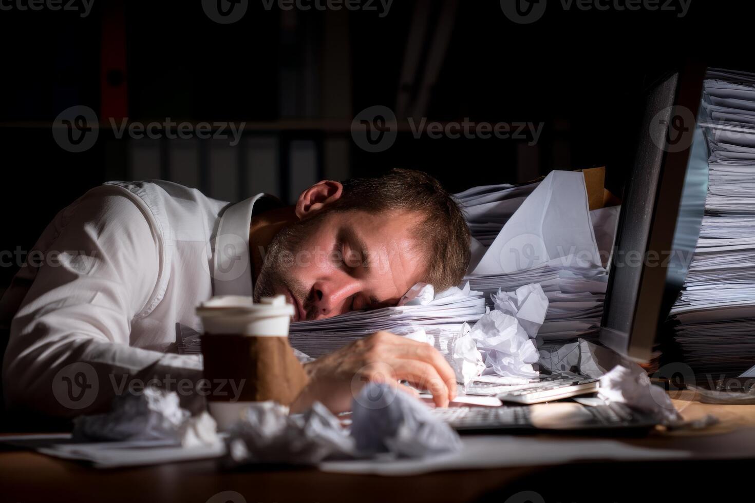 A man sleeping in front of a pile of papers photo