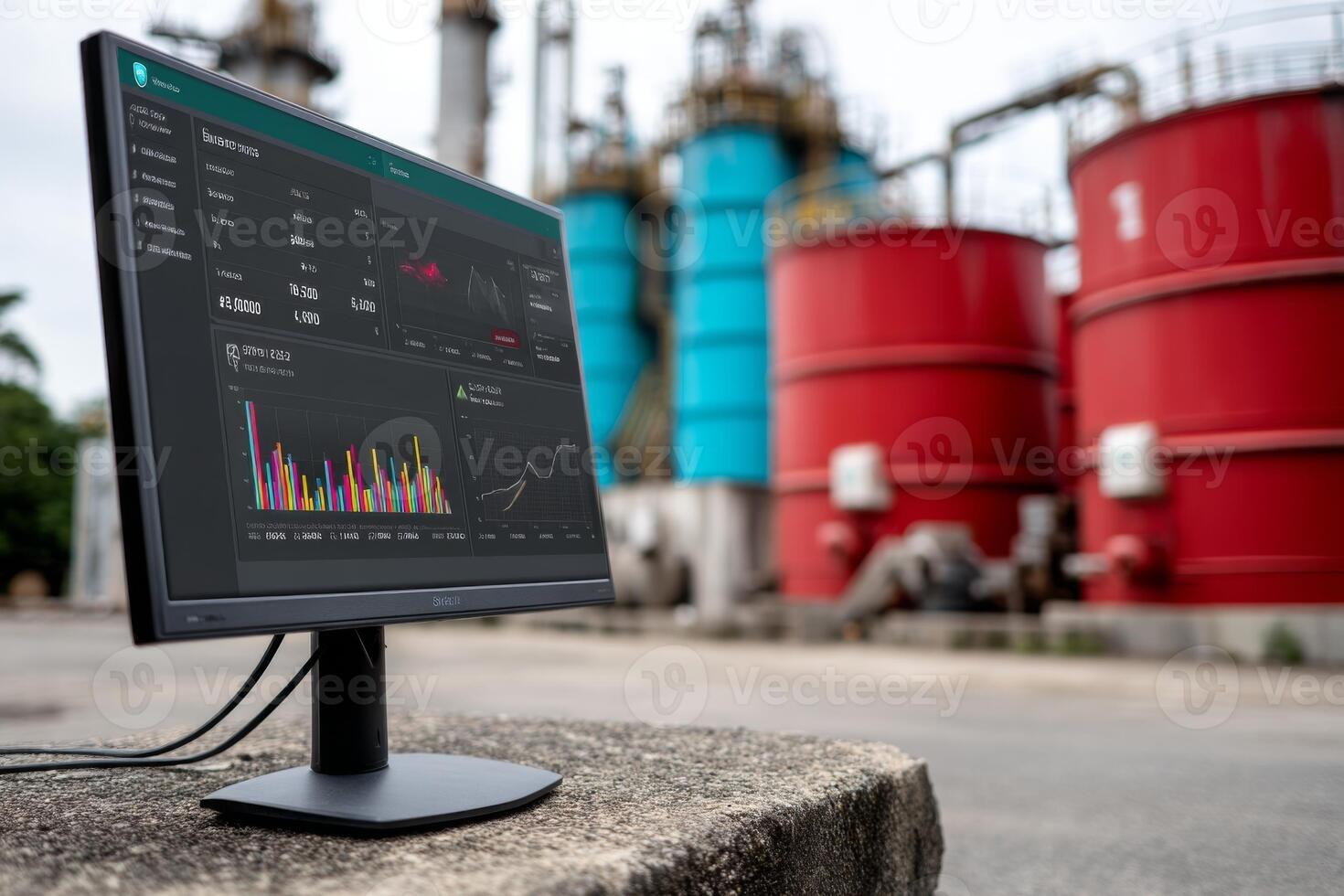 A monitor with a graph on it in front of a refinery photo