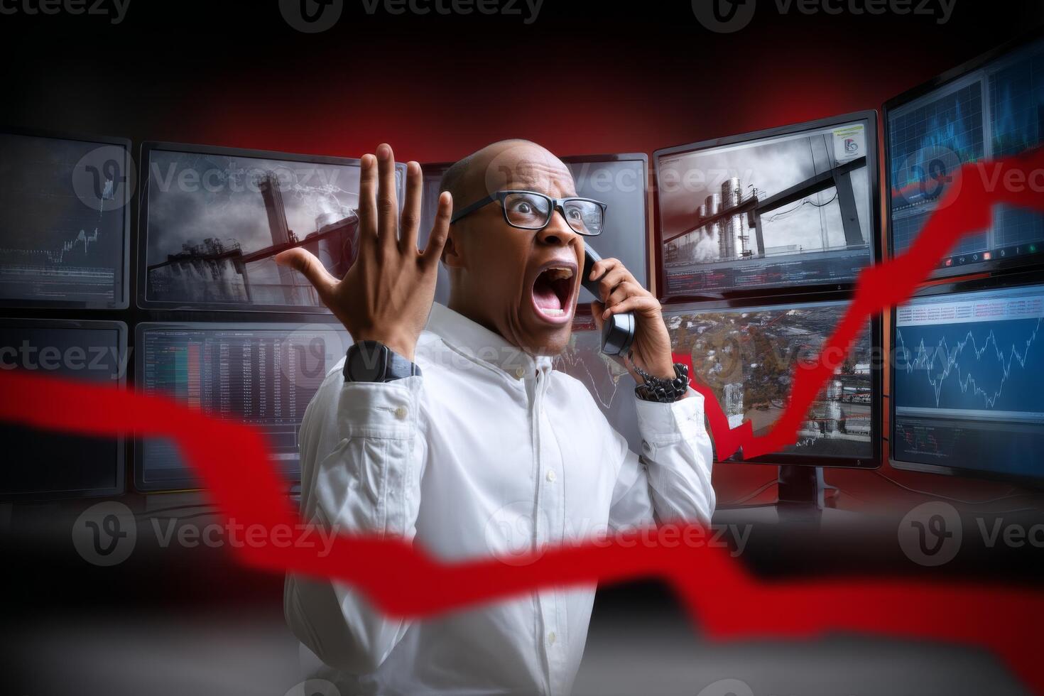 A man on the phone with his hands up in front of a red line photo