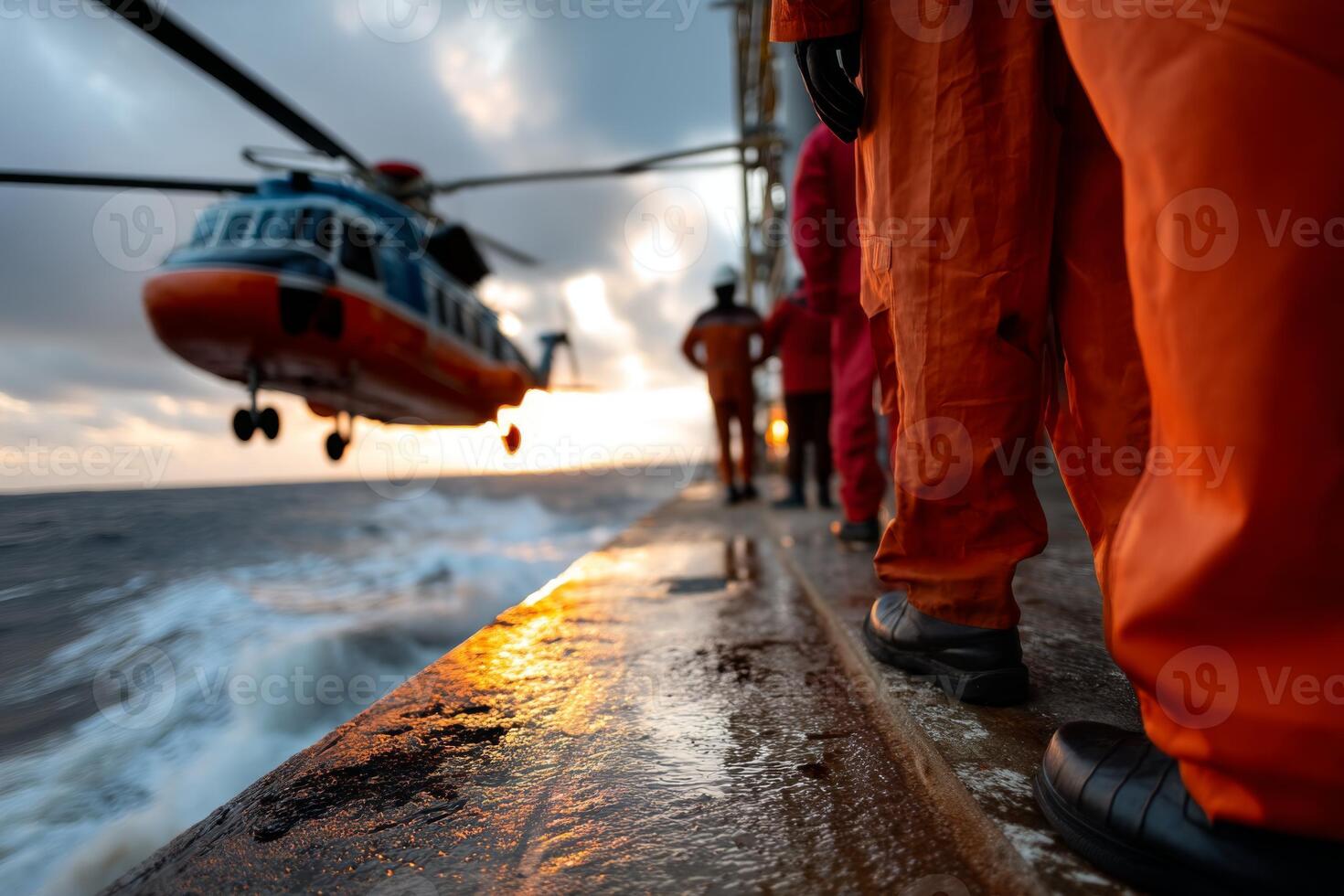 A helicopter is flying over the ocean with people in orange uniforms photo