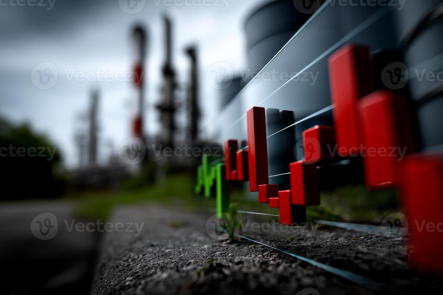A red and green bar graph is shown in front of a refinery photo