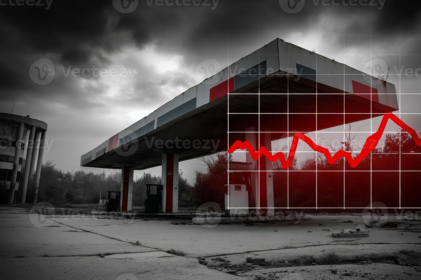 A gas station with a red line going up photo