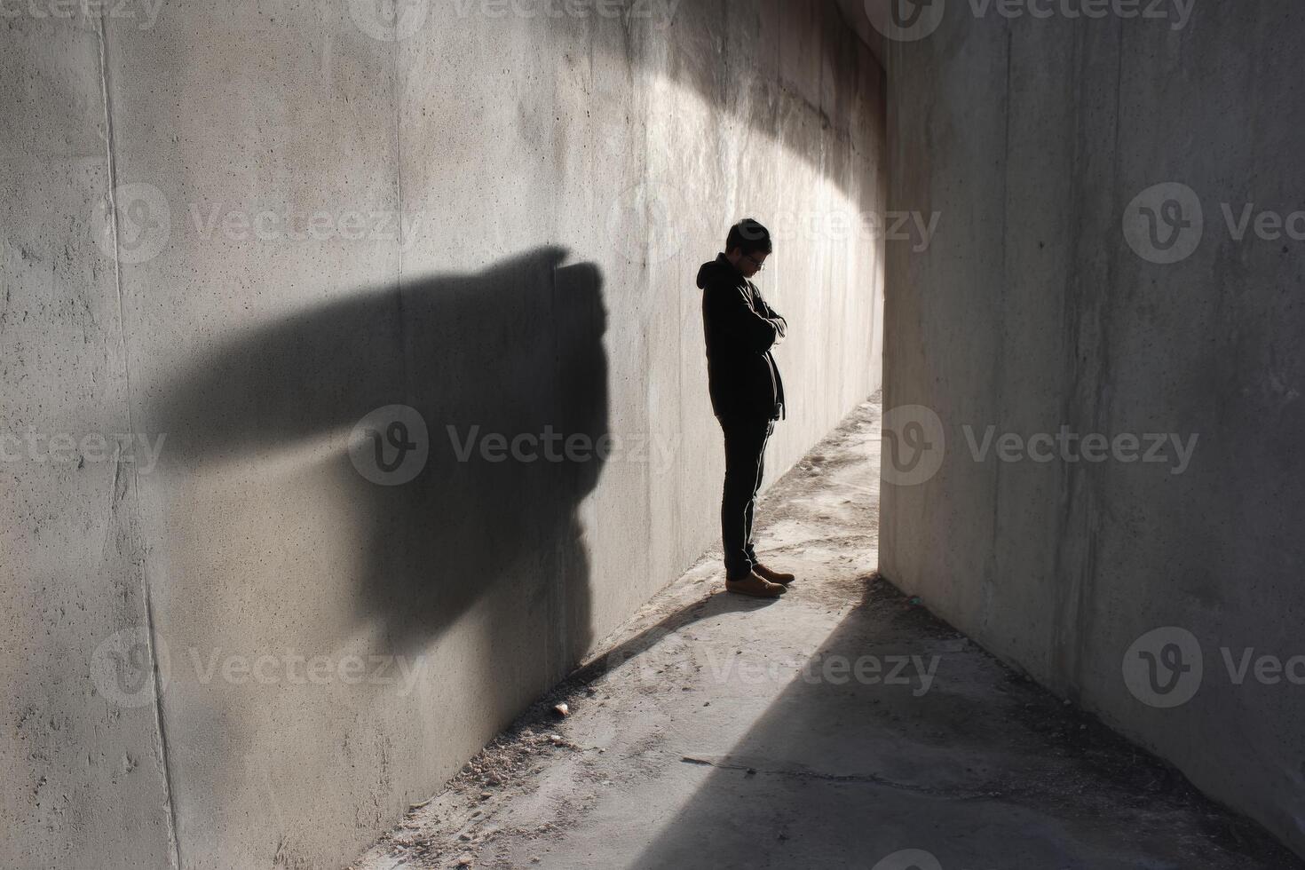 A person standing in a concrete tunnel with a shadow photo
