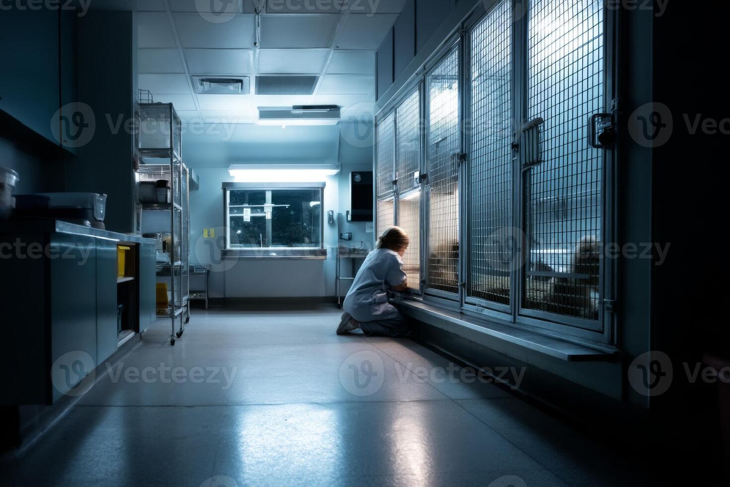 A person sitting in a dark hallway with a cat photo