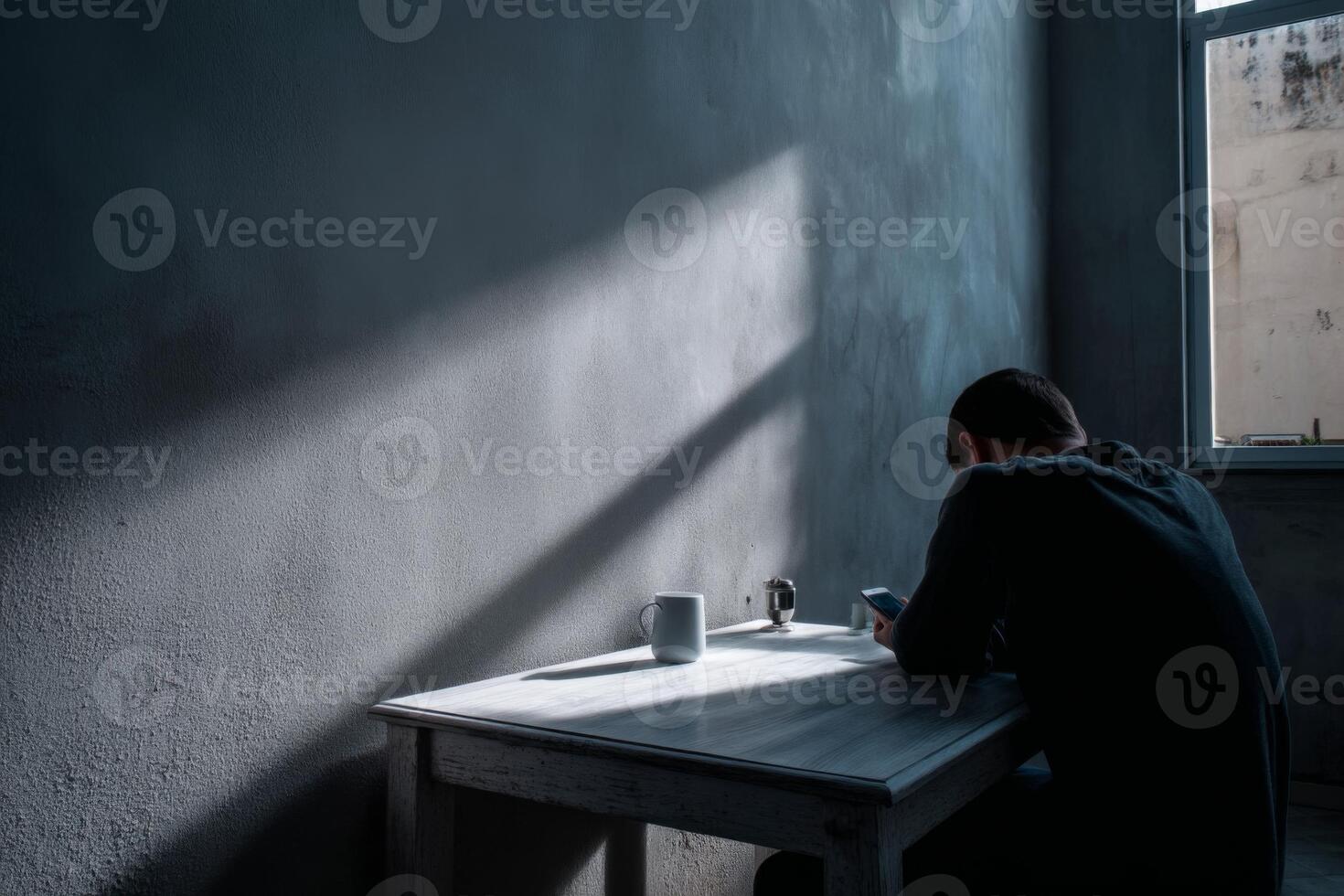 A man sits at a table in a dark room photo