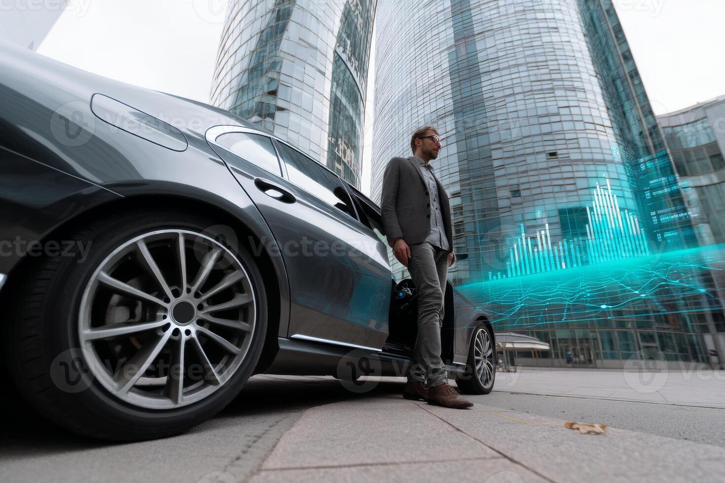 A man in a suit is standing next to a car with a futuristic design photo