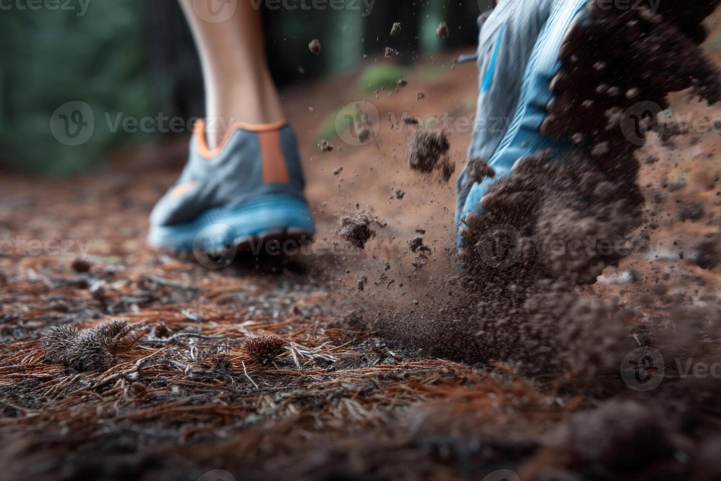 A person running on a trail with dirt on their shoes photo