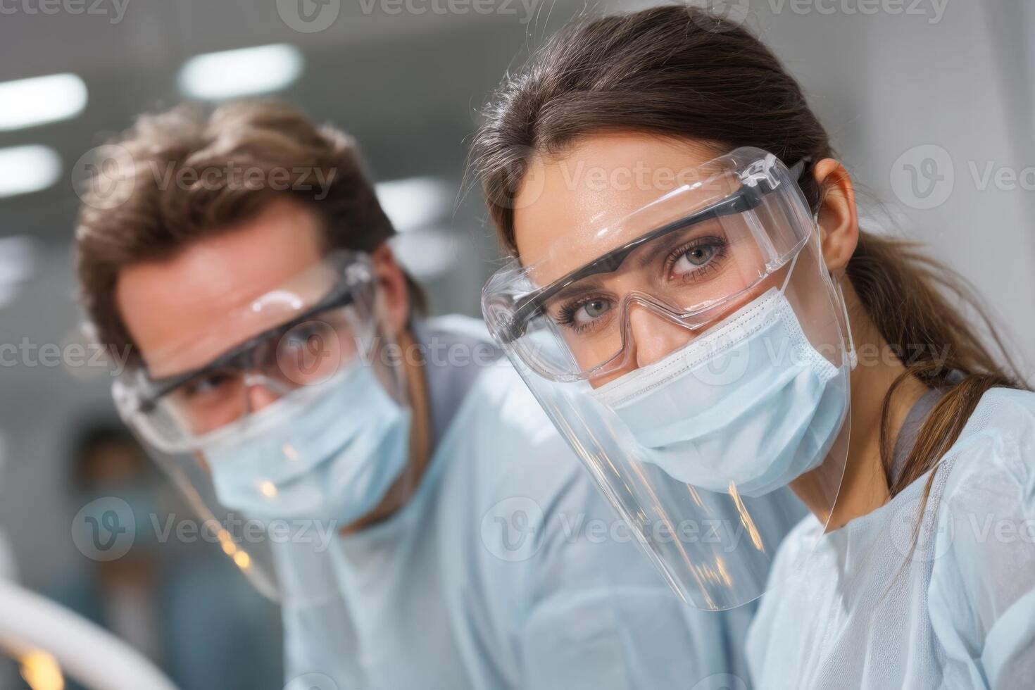 Two people in surgical gear looking at the camera photo